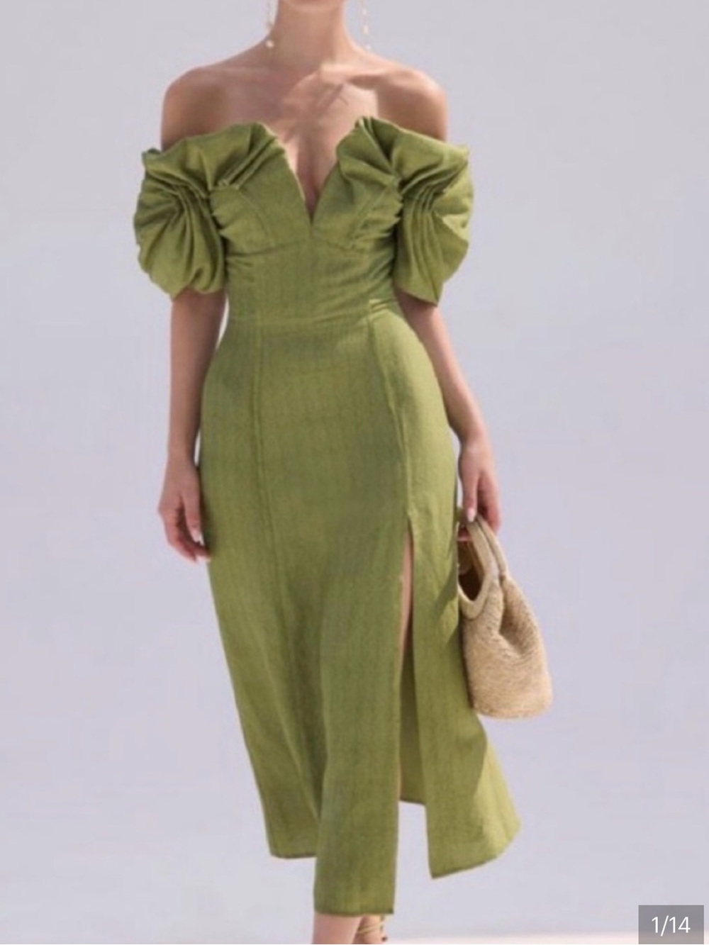 cult gaia Olive Puff Sleeve Midi Dress with Side Slit